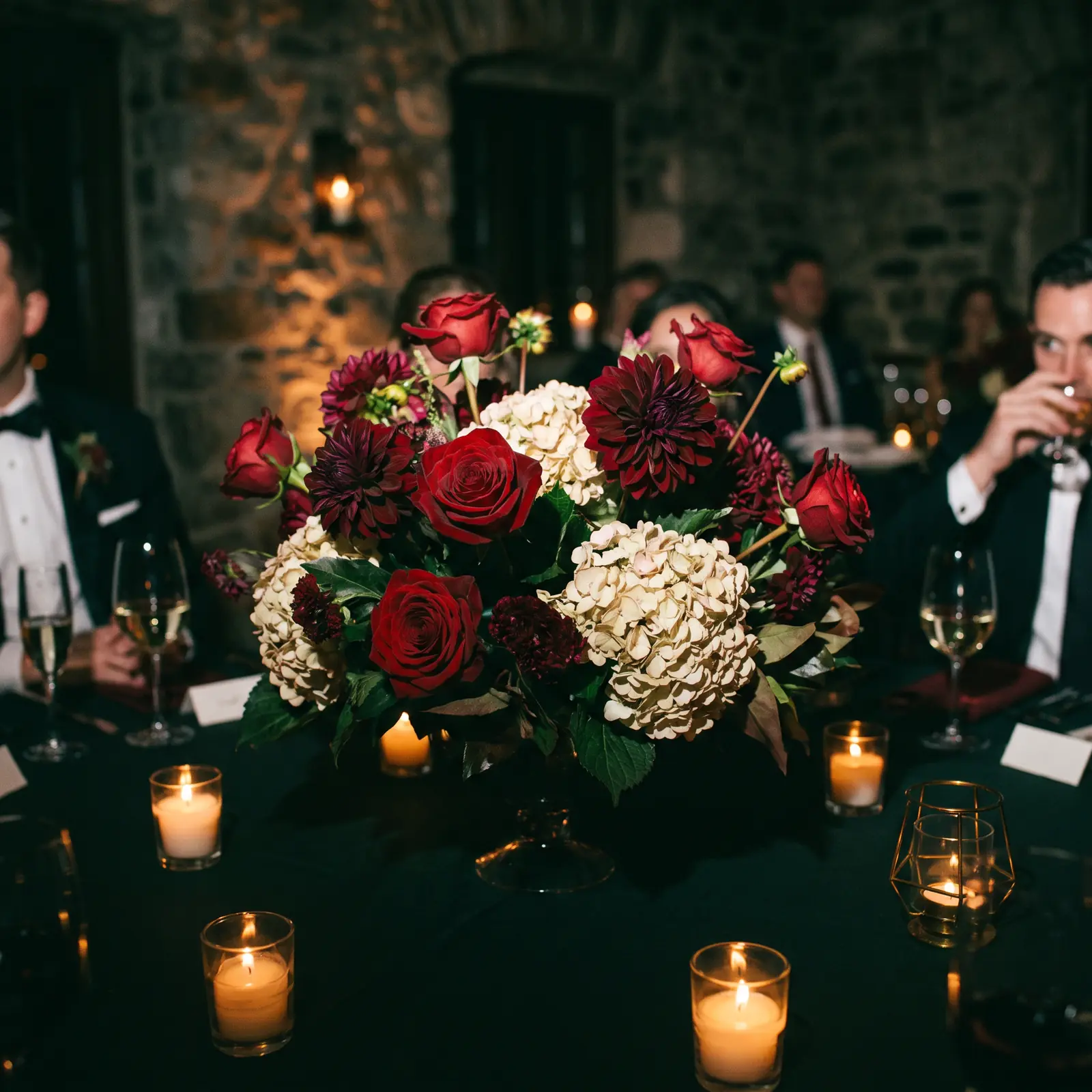 A low centrepiece of dark red roses, dahlias and cream hydrangea among votive candles